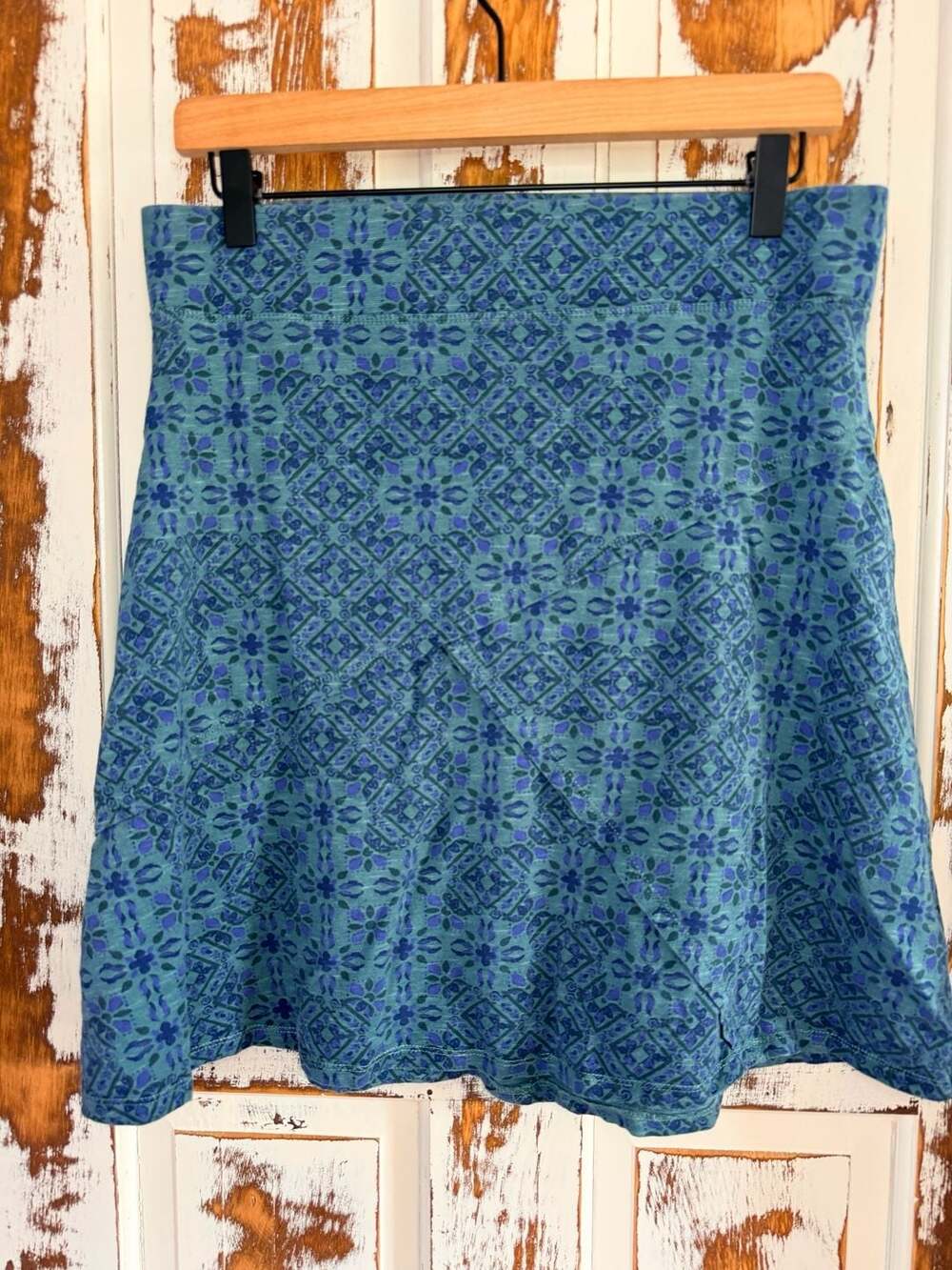 Toad&Co Mini Wrap Skirt Size M Blue Green Patterned Organic Cotton Tencel Eco